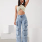 High-Waist Cargo Trousers for Women in Medium Blue, Stretch Fabric, Straight-Leg Fit, Stylish Snowflake Design-2