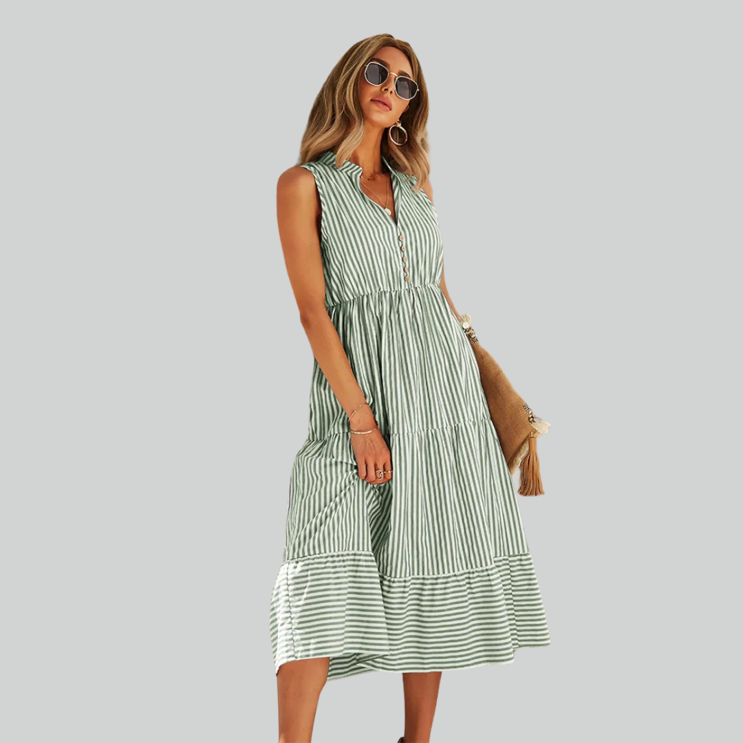 Shirt Striped Dress Women A-Line Summer Casual V-Neck Sleeveless Beach Holiday Dress