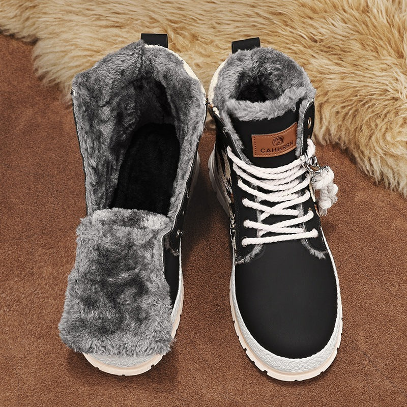 Men's Warm High-Top Boots - Lace-Up Leather Fabric, Winter