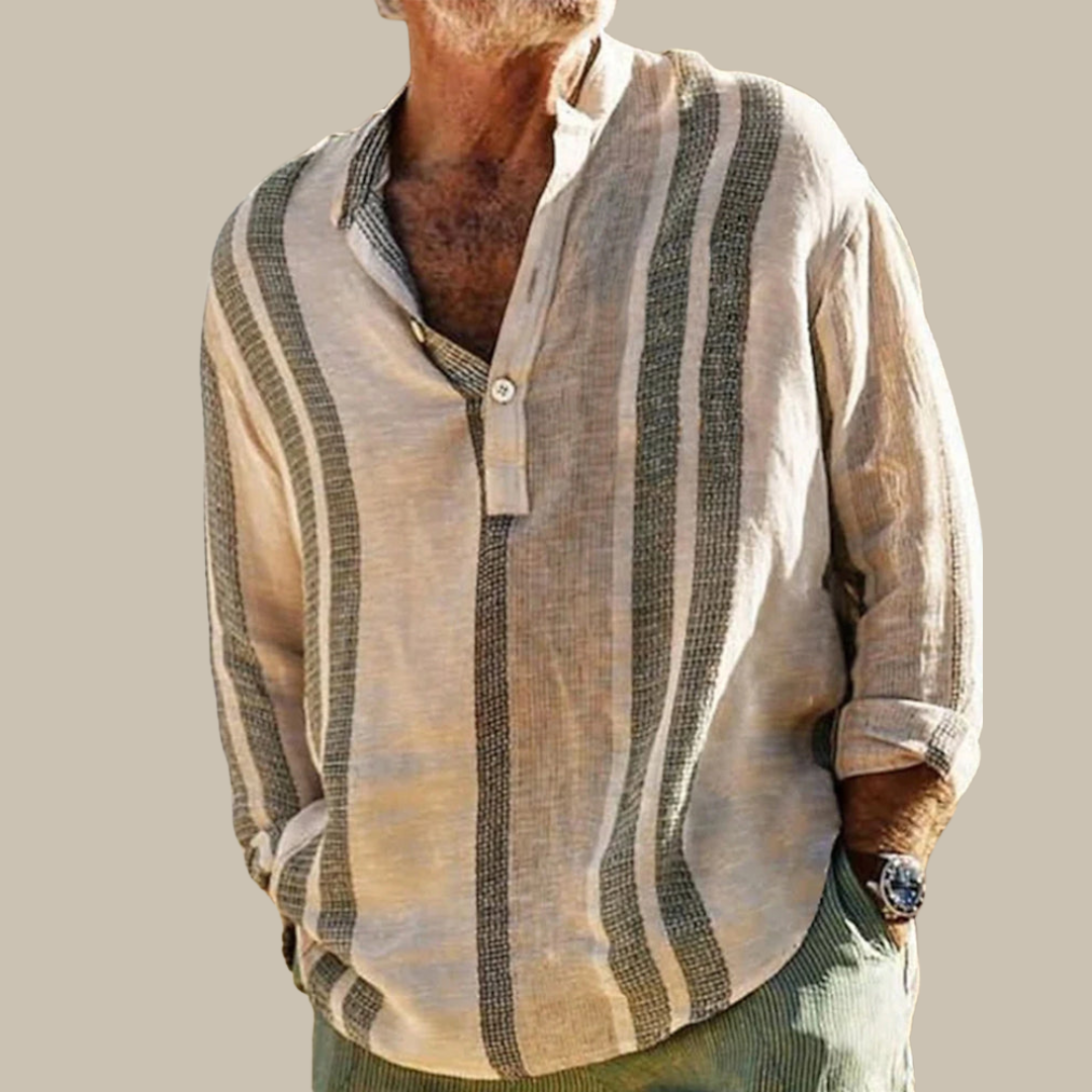 Elegant Men's Linen Shirt with Mao Collar and Subtle Stripes, Available in Sizes S to XL-2