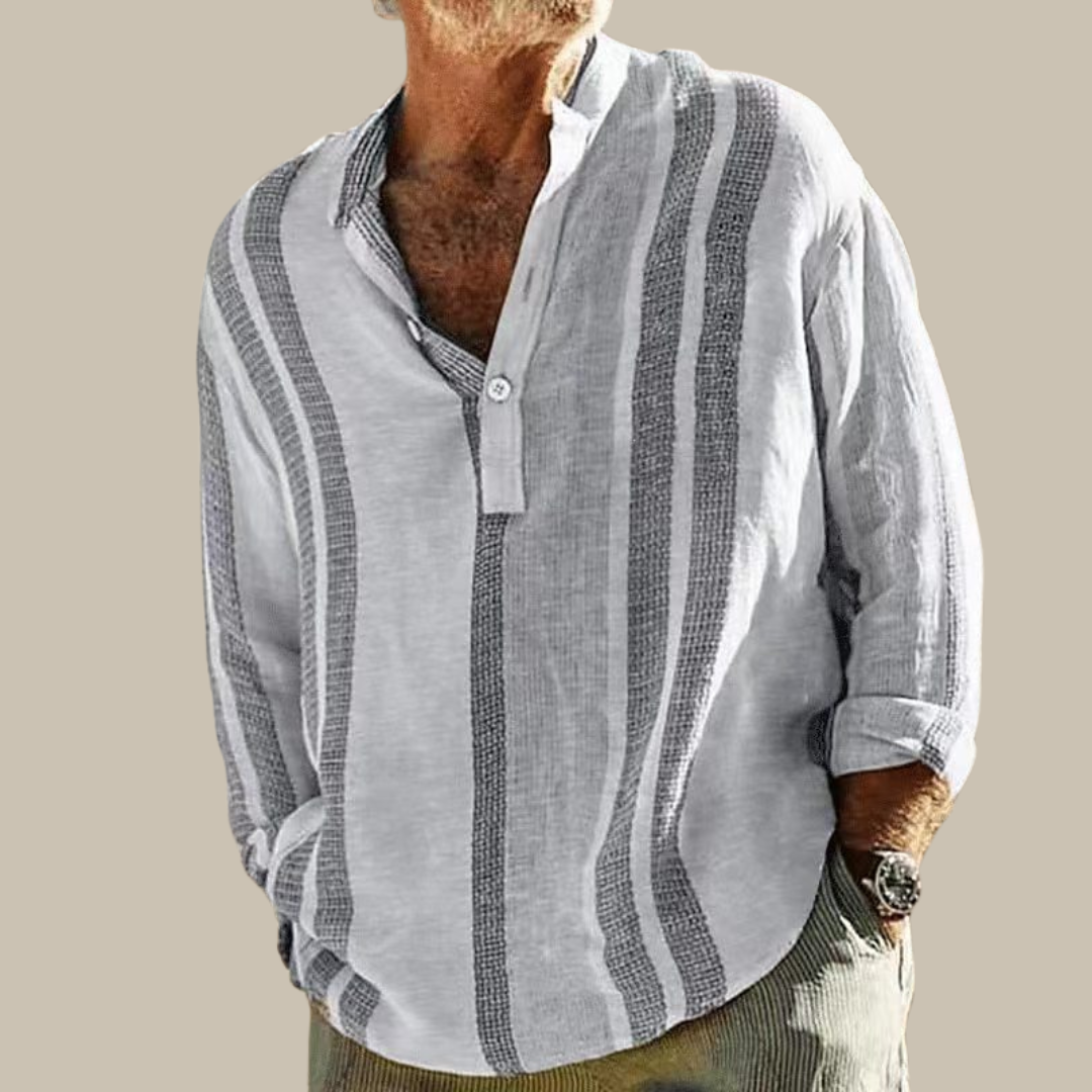 Variant image for Elegant Men's Linen Shirt with Mao Collar and Subtle Stripes, Available in Sizes S to XL-7