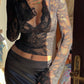 Floral Lace Women's Top, Long-Sleeved Blouse in Black and White, Lightweight Polyester, Modern Fitted Design-6