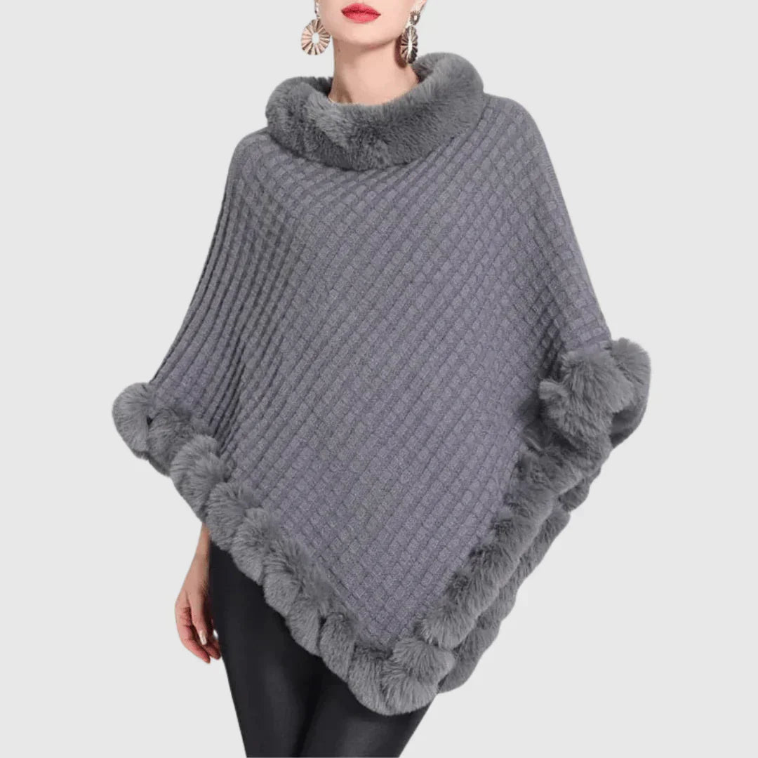 Cozy Warm Women's Poncho - Rollneck, Ribbed Knit, Faux Fur