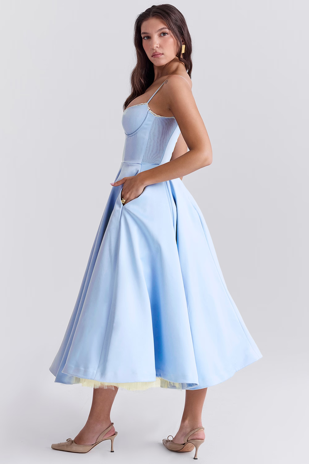 Elegant White Satin Midi Dress with Spaghetti Straps and Tulle Skirt for Women - Perfect for Special Occasions-3