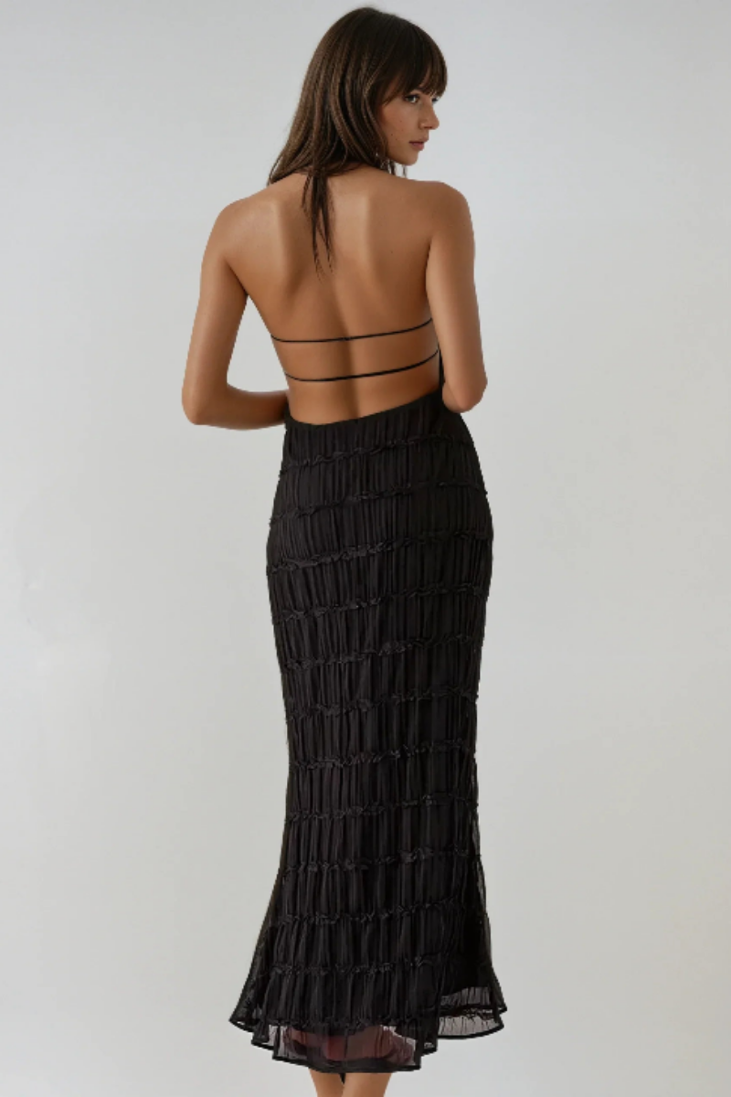 Ethereal Halter Maxi Dress in Soft Nude with Pleated Layers - Elegant Long Dress for Women, Full-Length Design-6