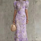 women's Fitted puff-sleeve dress - slim-fit, long-pleated, floral print, for special occasions