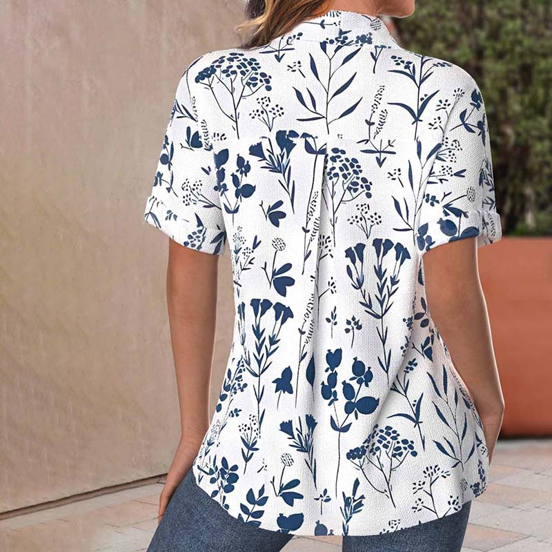 Casual Leaf Print Womens Blouse, Short Sleeves Cotton-Polyester Blend Summer Top for Spring and Summer Wear-2