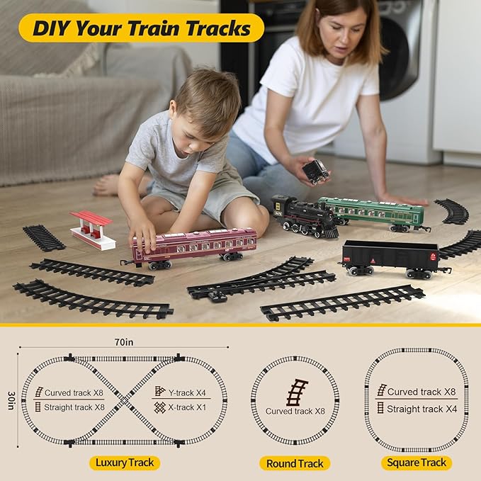 Train Kit with Lights & Sounds - Interactive Locomotive Toy for Kids Battery-Powered Motor-Driven Steam