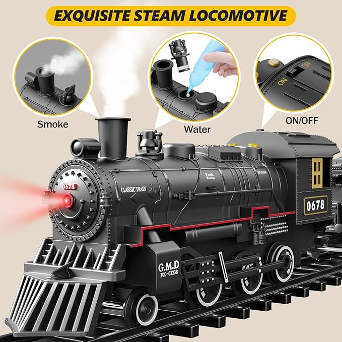 Train Kit with Lights & Sounds - Interactive Locomotive Toy for Kids Battery-Powered Motor-Driven Steam