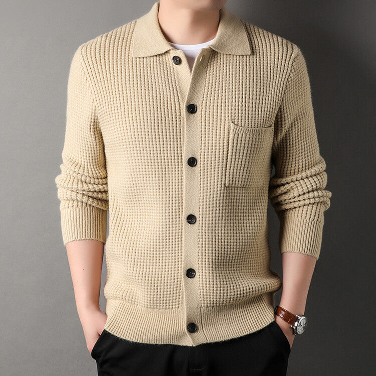 Textured Warm Men's Cardigan - Polo Lapel, Knit For Autumn