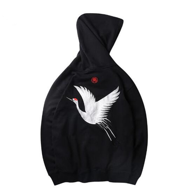 relaxed Oversized hoodie - embroidered crane, cotton blend