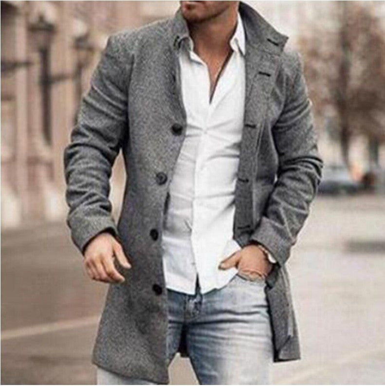 Men's Warm Midlength Coat - Stand Collar, Wool, City