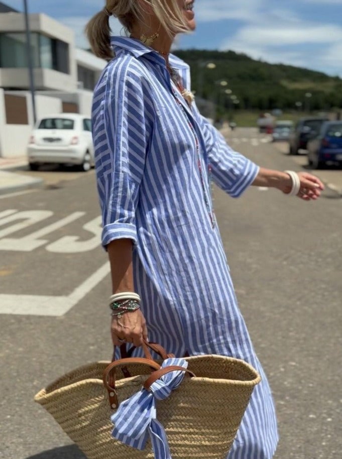 Classic Striped Women's Dress with Lace Trim, Elegant Summer Dress for Versatile Styling-6