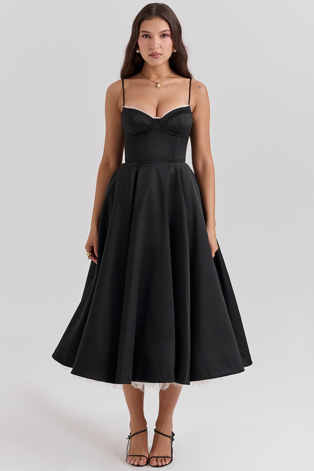 Variant image for Elegant White Satin Midi Dress with Spaghetti Straps and Tulle Skirt for Women - Perfect for Special Occasions-16