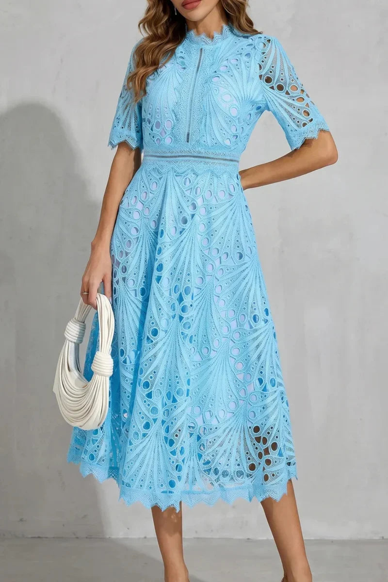 Plush Women's Dress - Lace, Cinched Waist, Short Sleeves, Timeless A-Line Silhouette, 100% Polyester, For Occasions