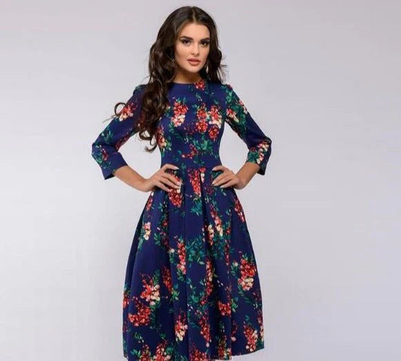 Variant image for Floral Print Midi Dress with Wide Skirt for Women's Summer and Formal Fashion-36