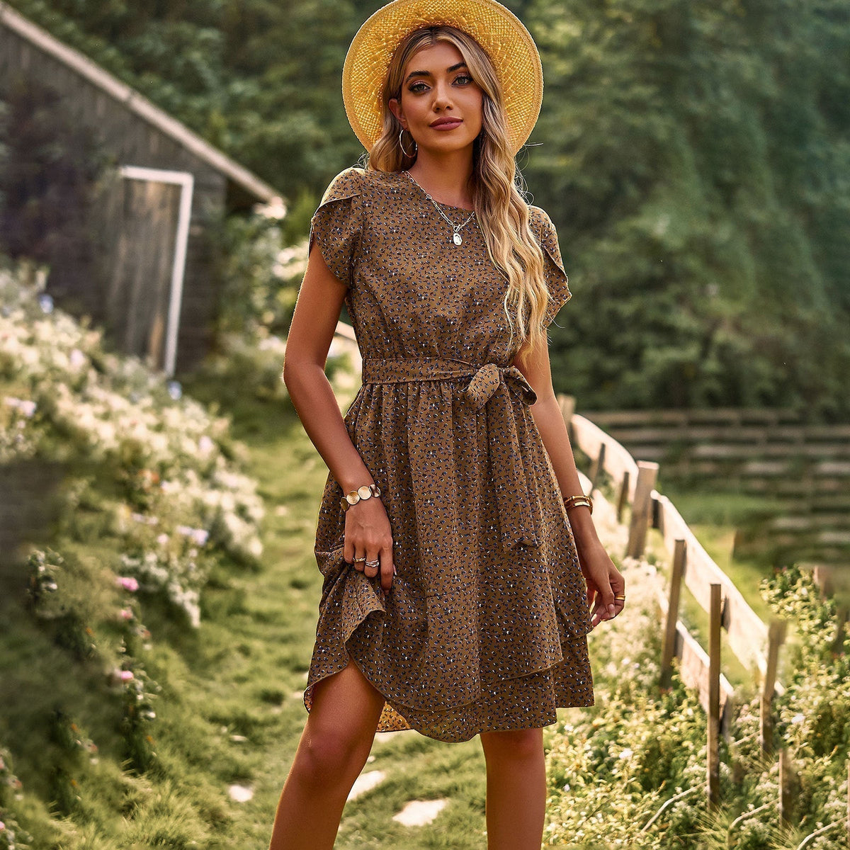 Elegant Floral Print Women's Summer Dress with Belt, Lightweight and Comfortable for Casual Outings and Garden Parties-4