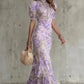 women's Fitted puff-sleeve dress - slim-fit, long-pleated, floral print, for special occasions