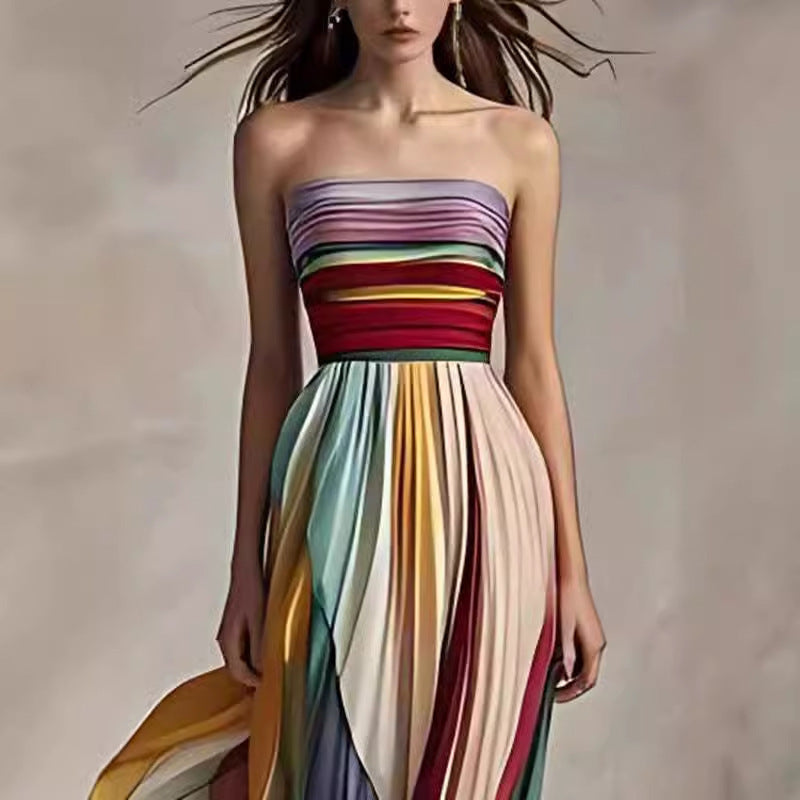 Light Women's Maxi Dress - Tube-Top Flowy Printed Stripe, Polyester Crepe, for Summer Vacation