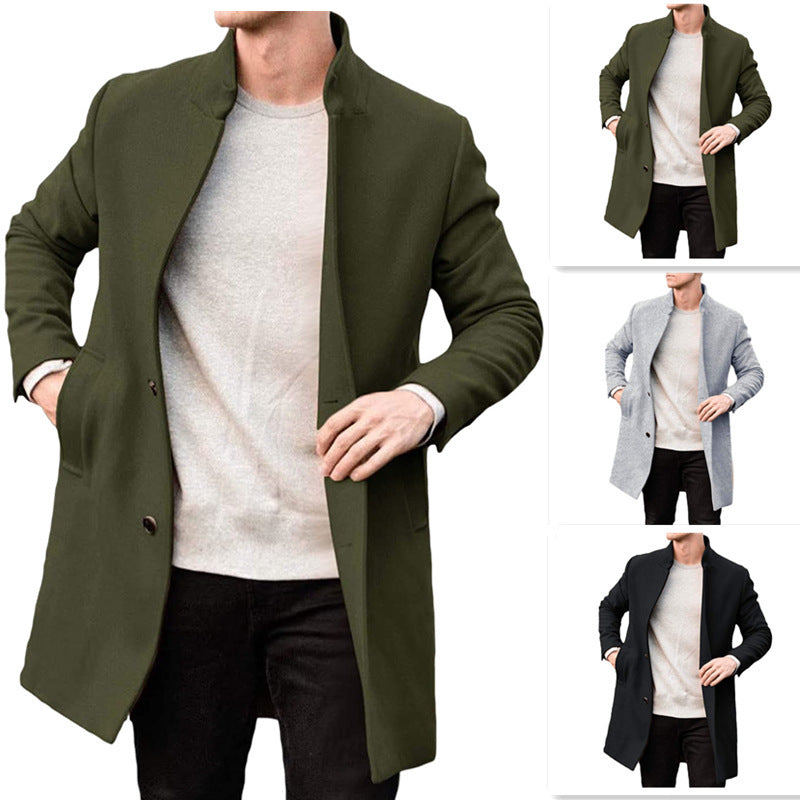 Timeless Warm Men's Wool Coat - Stand Collar, Mid Thigh