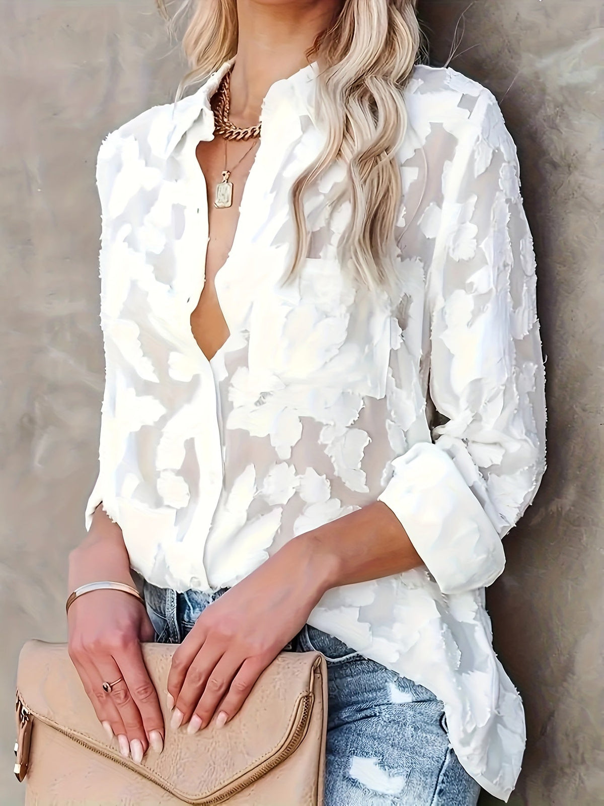 Variant image for Stylish White Women's Blouse, Lightweight and Breathable Long Sleeve Top for Summer Wear, Flattering Fit-11