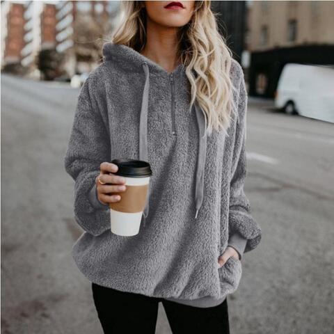 Plush Relaxed Women's Hoodie - Pullover Half Zip, Fleece