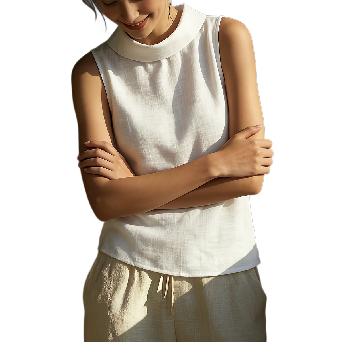women's Breathable sleeveless shirt - structured stand-collar, linen, office-to-dinner