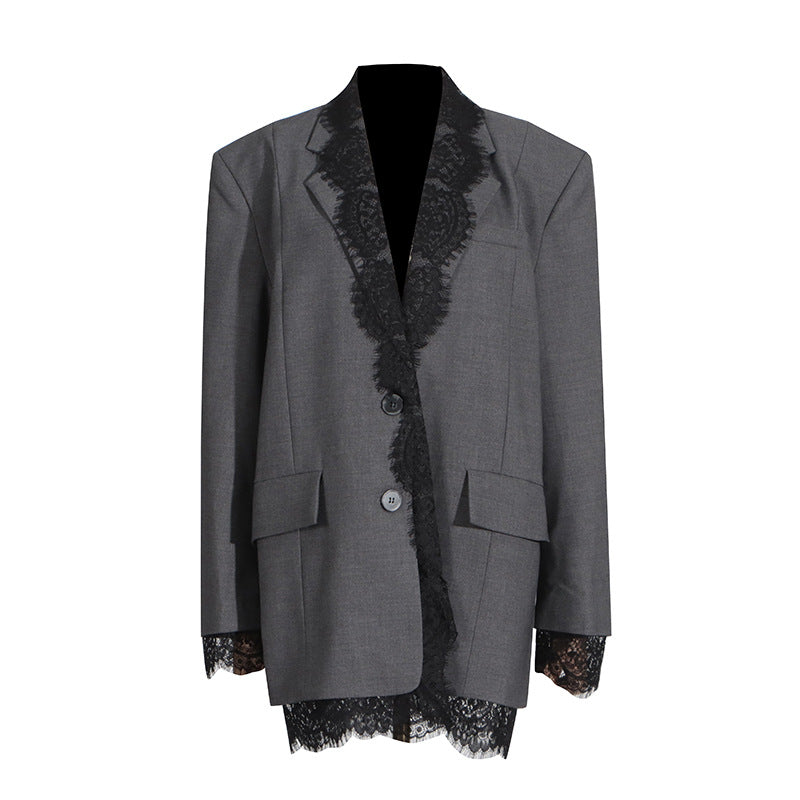 women's Structured blazer - lace-panel design, long-sleeve, polyester, for office-ready workwear