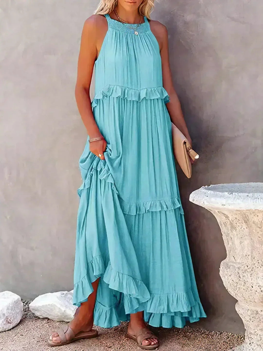 Variant image for Elegant Halter Ruffle Floral Maxi Dress for Women, Lightweight Bohemian Long Dress, Flowing Fit-25