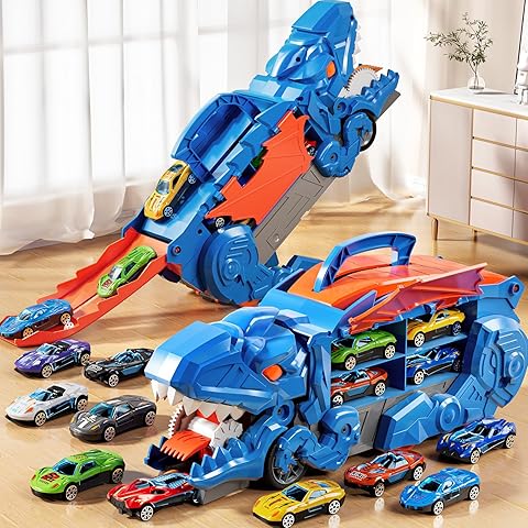 Folding Dinosaur Transporter Car Kit - 2 Die-Cast Cars for Competitive Play & Simple Storage