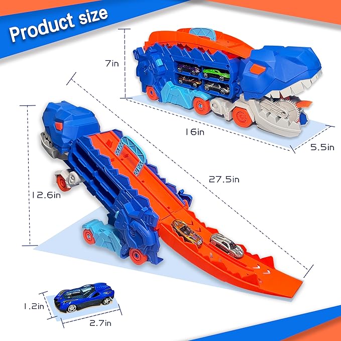 Folding Dinosaur Transporter Car Kit - 2 Die-Cast Cars for Competitive Play & Simple Storage