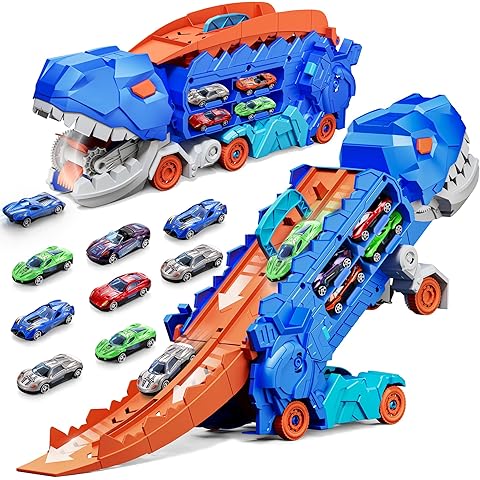Folding Dinosaur Transporter Car Kit - 2 Die-Cast Cars for Competitive Play & Simple Storage