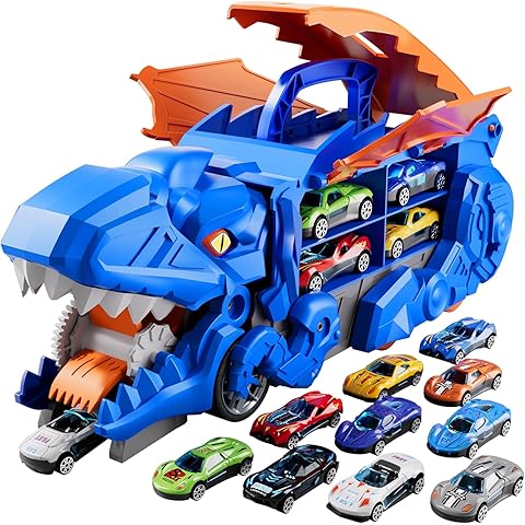 Folding Dinosaur Transporter Car Kit - 2 Die-Cast Cars for Competitive Play & Simple Storage