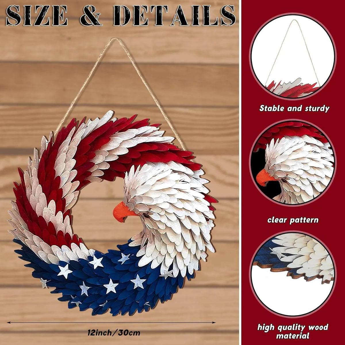Patriotic Wreath 12 Inch Eagle Door Decor Independence Day And Easter Themed Organic Wood Finish Gift Idea