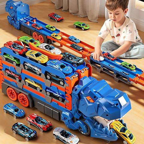 Folding Dinosaur Transporter Car Kit - 2 Die-Cast Cars for Competitive Play & Simple Storage