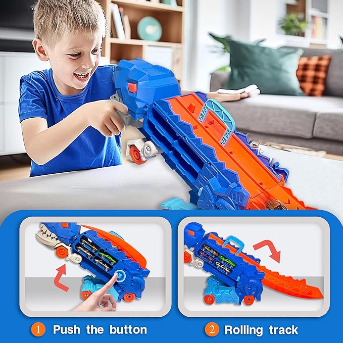 Folding Dinosaur Transporter Car Kit - 2 Die-Cast Cars for Competitive Play & Simple Storage