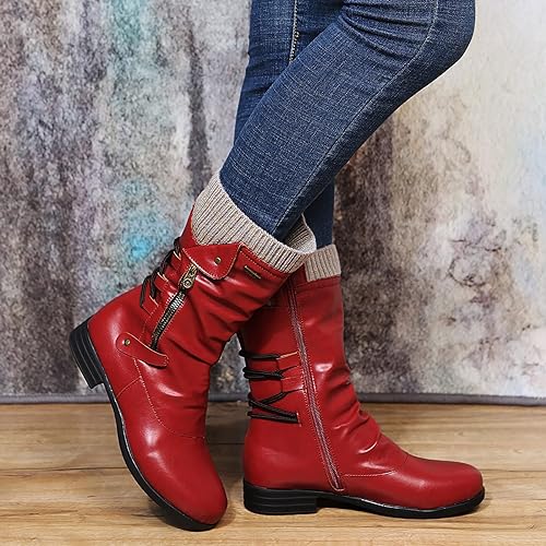 Cozy Warm Women's Mid Calf Winter Boots- Leather, For Winter