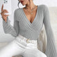 Women’s Stretchy Long Sleeve Top - V Neck, Ribbed Knit