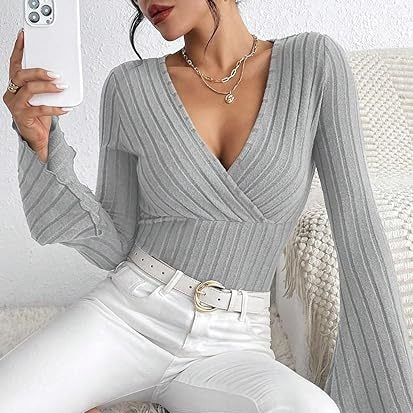 Women’s Stretchy Long Sleeve Top - V Neck, Ribbed Knit