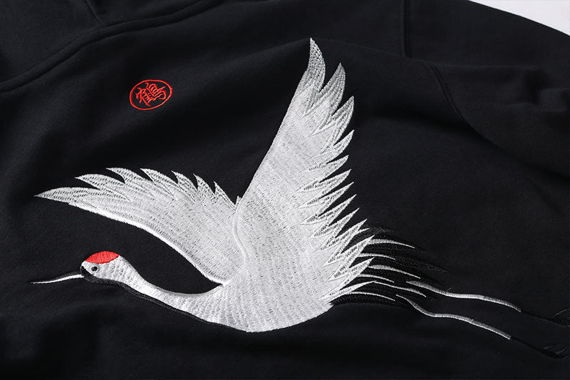 relaxed Oversized hoodie - embroidered crane, cotton blend
