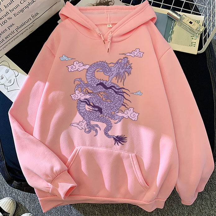 Men’s Warm Hoodie - Dragon Print Pullover, Polyester Casual