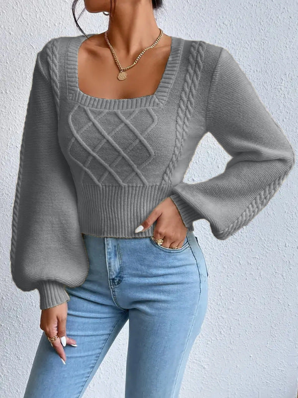 Plush Women's Square Collar Sweater - Cropped Knit Layering