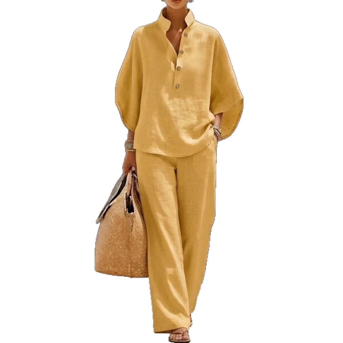 Light Women's Suit Kit - Stand-Collar Pullover Top, Balloon Sleeves, Straight-Leg Trousers, Polyester, For Office