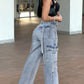 Trendy Light Blue Cargo Jeans for Women with Stretch Fabric and Practical Pockets for Everyday Comfort-3
