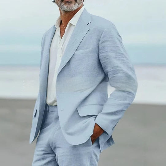 Light men's two-piece suit - slim fit, linen blend, for business banquets and events