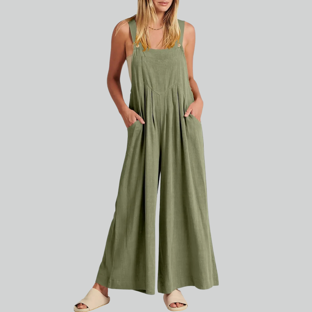 Size Plus Vintage Cotton Linen Wide Leg Overalls Jumpsuit with Pockets