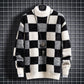 Mens Warm Crew Sweater - Checked Knit, Nylon, For Winter