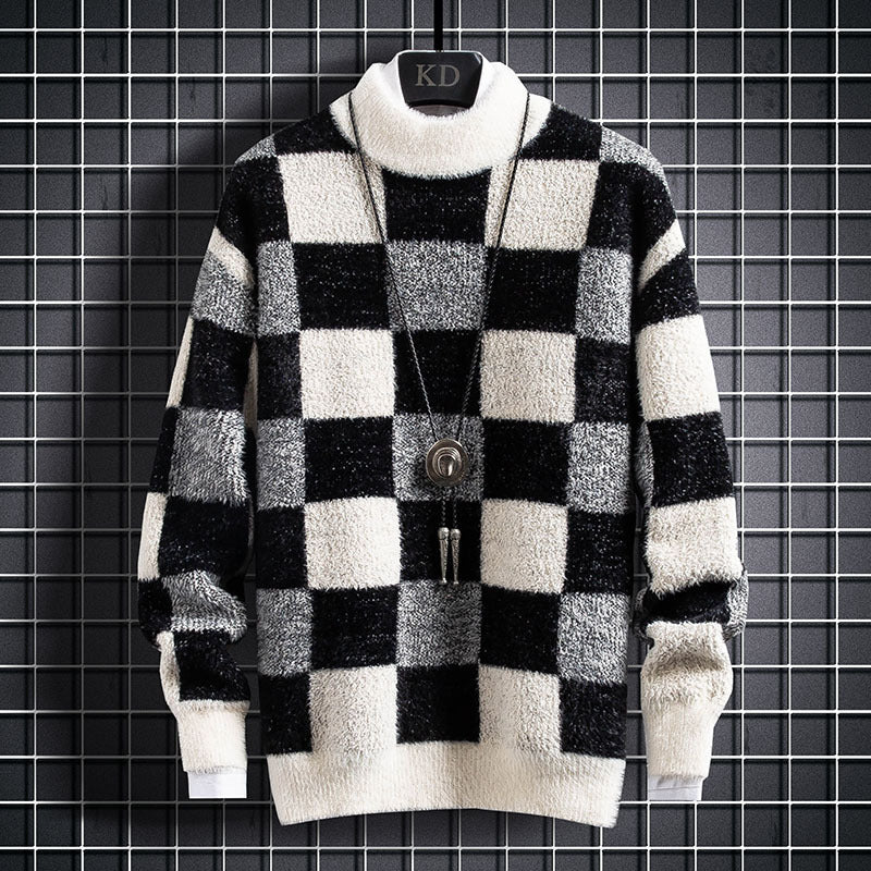 Mens Warm Crew Sweater - Checked Knit, Nylon, For Winter