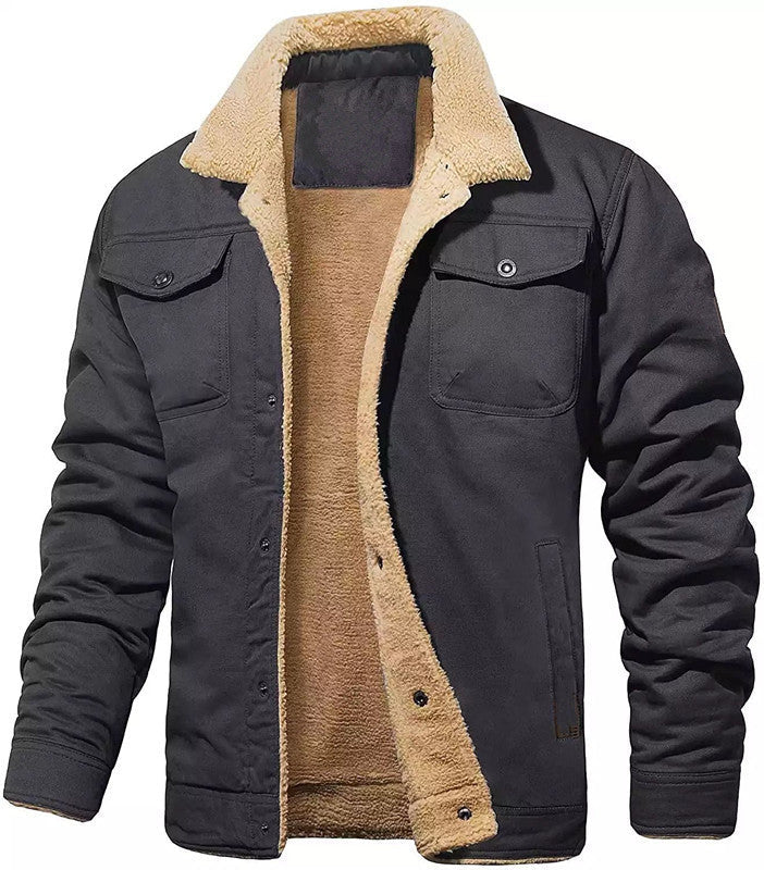 Warm Sturdy Men's Jacket - Trucker Cut, Sherpa Lined Cotton Canvas, For Fall And Winter