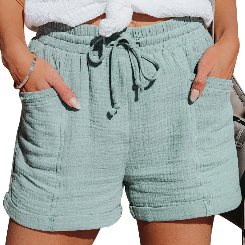 Cotton Summer Linen Shorts Women's High Waist Casual Pants with Pockets